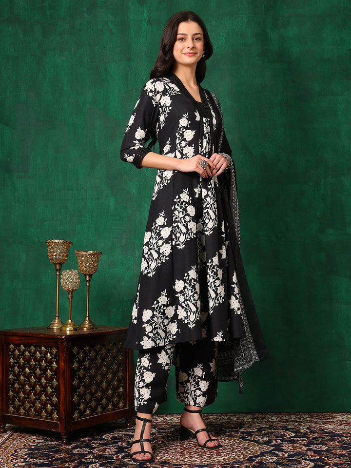 KALINI Floral Printed Embroidered V-Neck A-Line Kurta With Palazzo & Dupatta