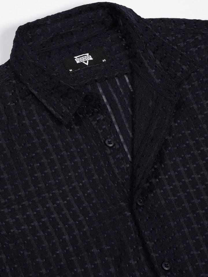 Thomas Scott Men Premium Spread Collar Textured Solid Slim Fit Casual Shirt