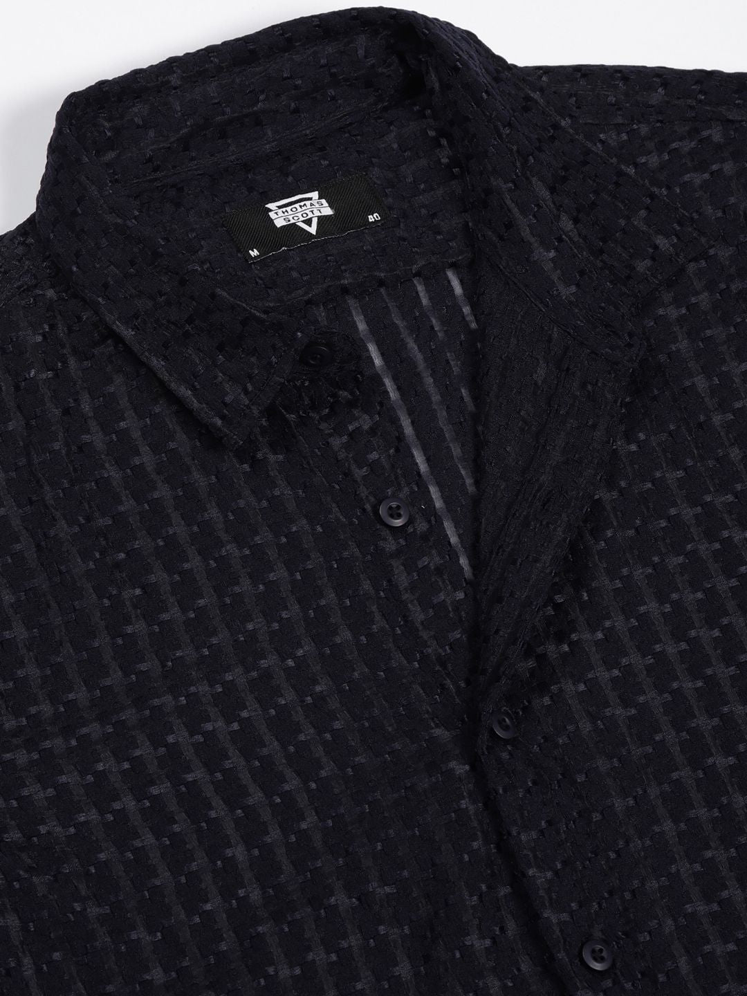 Thomas Scott Men Premium Spread Collar Textured Solid Slim Fit Casual Shirt