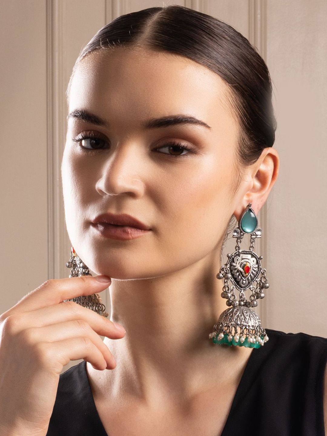 PANASH Silver-Plated Stones Studded And Beaded Contemporary Oxidised Drop Earrings