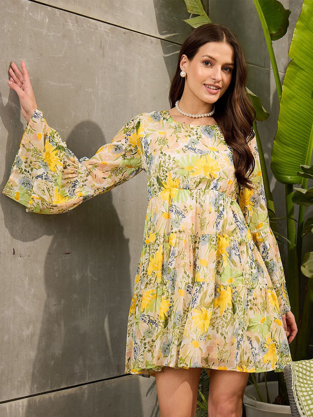 SASSAFRAS Floral Print Georgette Fit & Flare Mini Dress