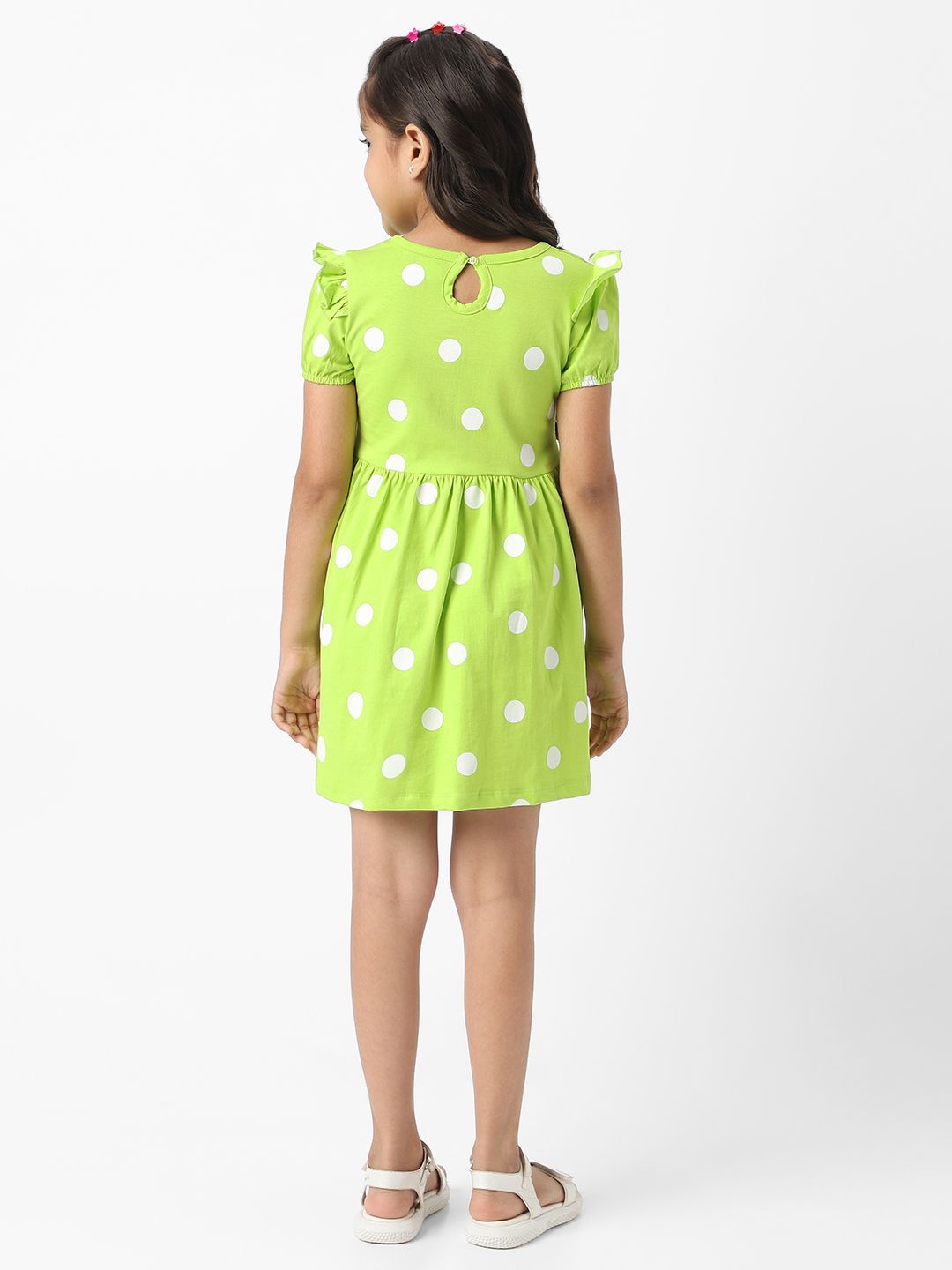Nauti Nati Girls Green Jersey Cotton Polka Dot Fit and Flare Dress