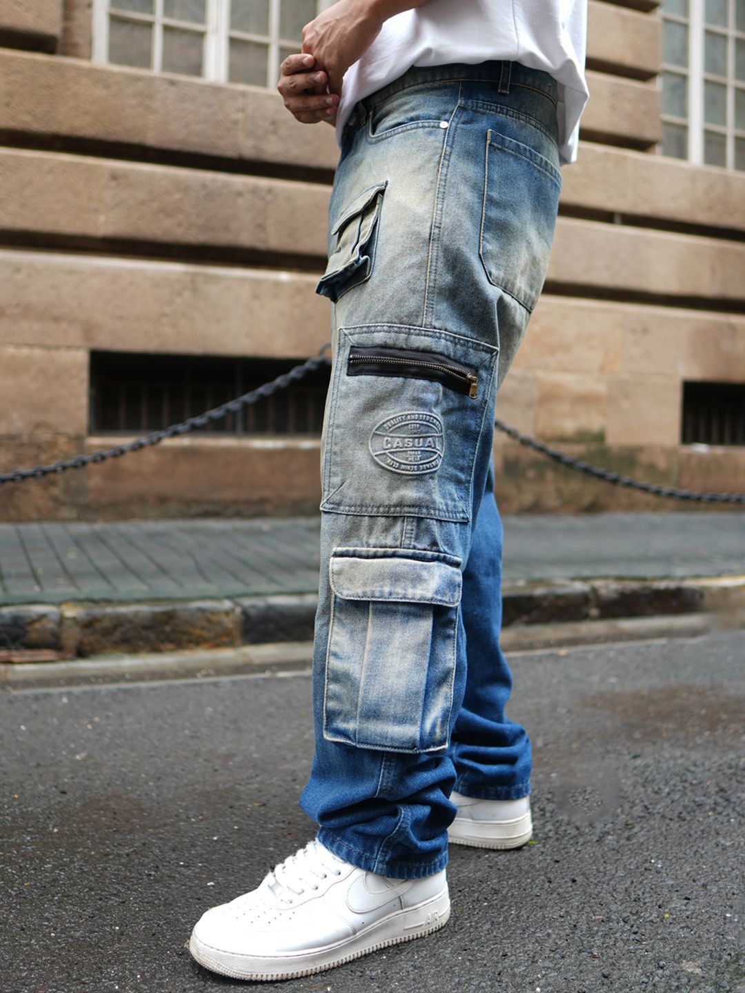Powerlook Men Loose Baggy Fit Pure Cotton Denim Cargos