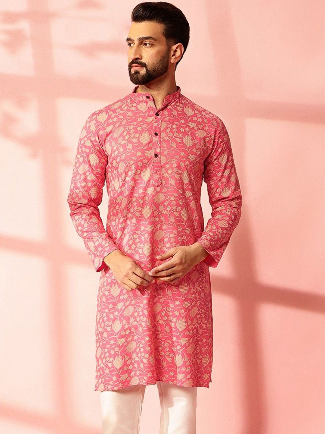 Anouk Floral Printed Band Collar Cotton Linen Straight Kurta