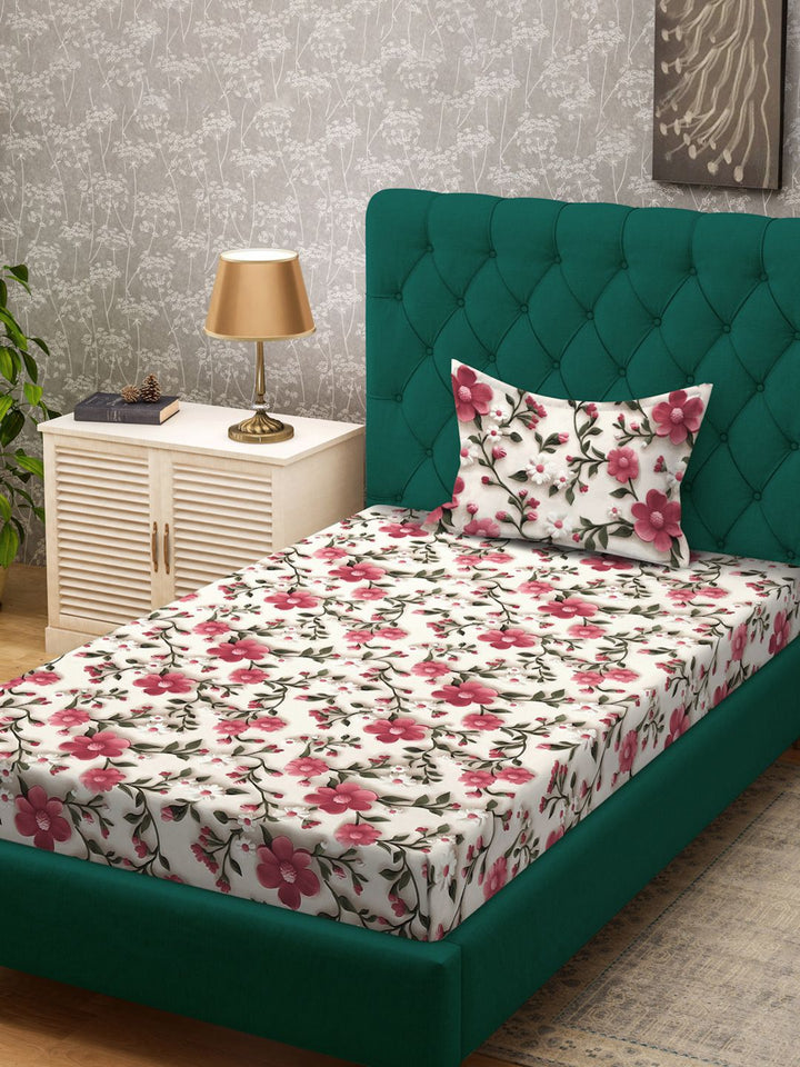 KLOTTHE Warna Krim & Bercetak Bunga Merah Jambu Flat 300 TC Single 7D Cadar & Sarung Bantal