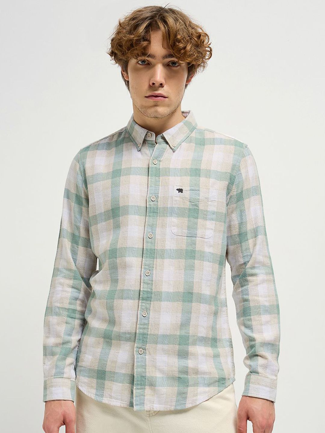 THE BEAR HOUSE Men Button-Down Collar Tartan Checked Cotton Casual Shirt