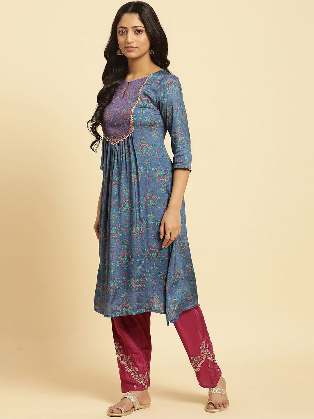 W Floral Printed Striped Keyhole Neck Straight Kurta