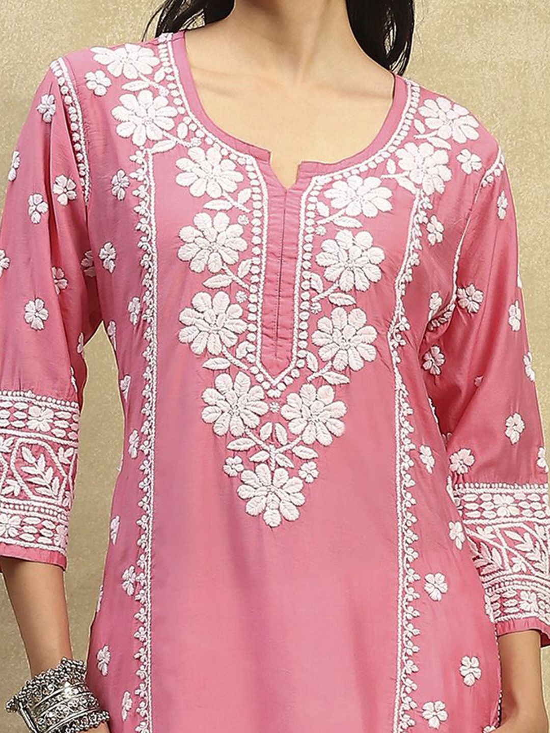 House of Chikankari Women Pink Chanderi Chikankari Embroidered Kurta