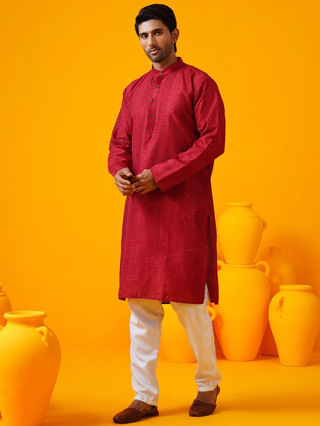 SOJANYA Geometric Embroidered Band Collar Thread Work Straight Kurtas