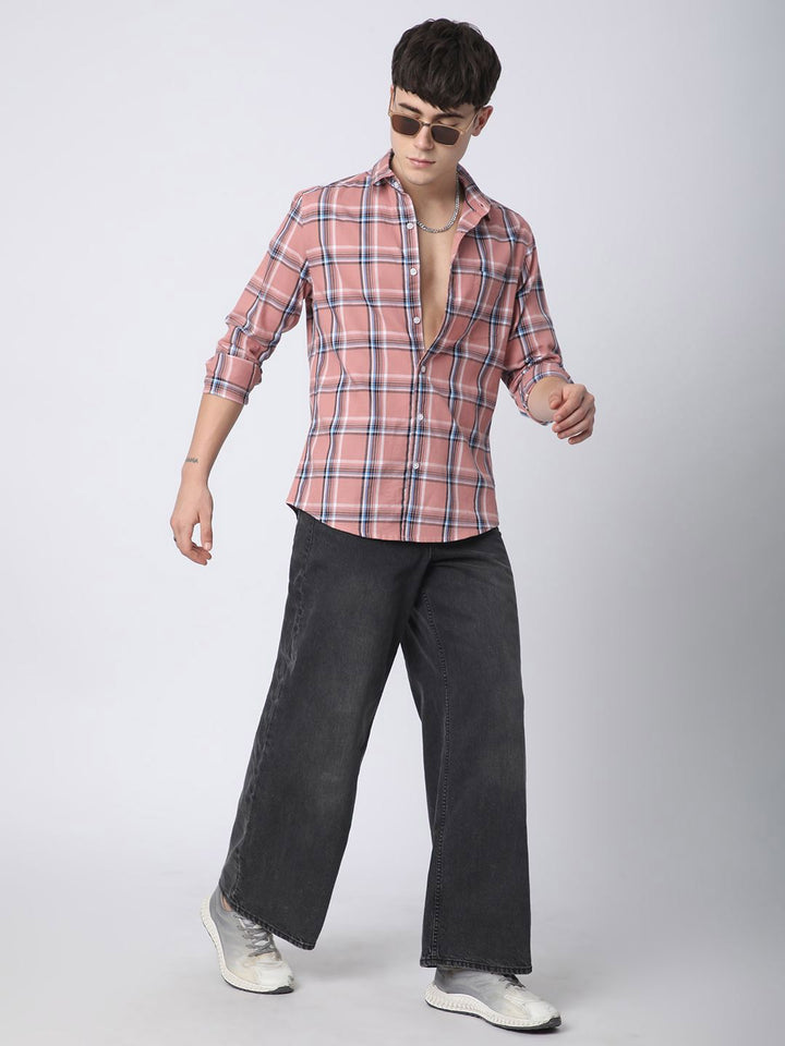VASTRADO Premium Cotton Dark Peach Dupplin Checked Pure Cotton Shirt