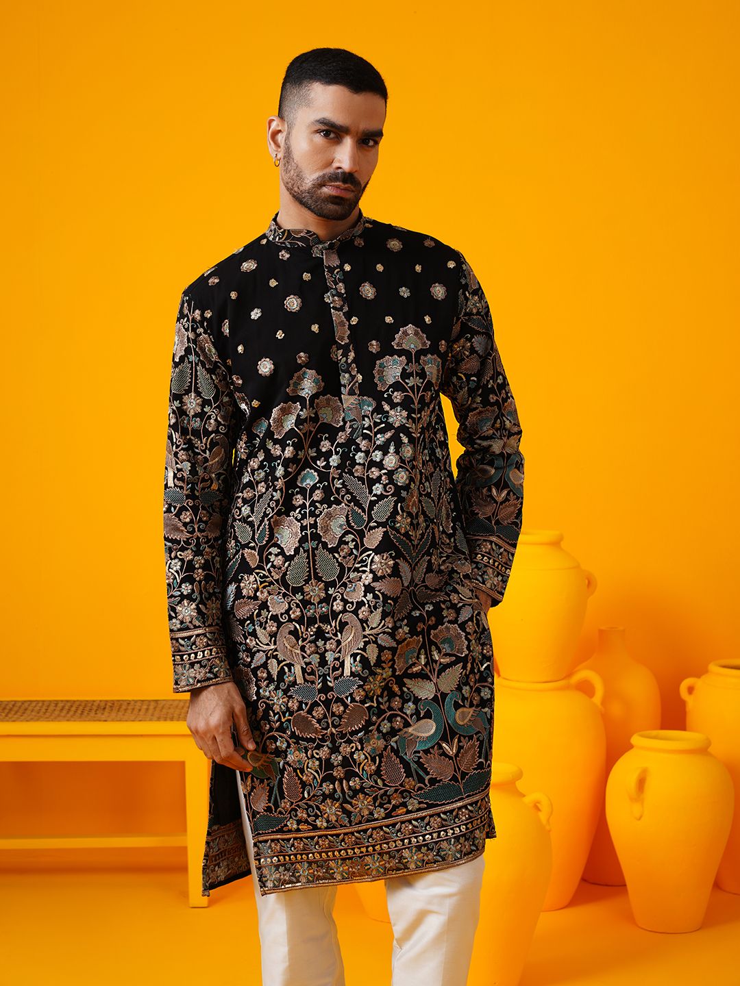 SOJANYA LUXE Floral Embroidered Sequinned Mandarin Collar Straight Georgette Kurta