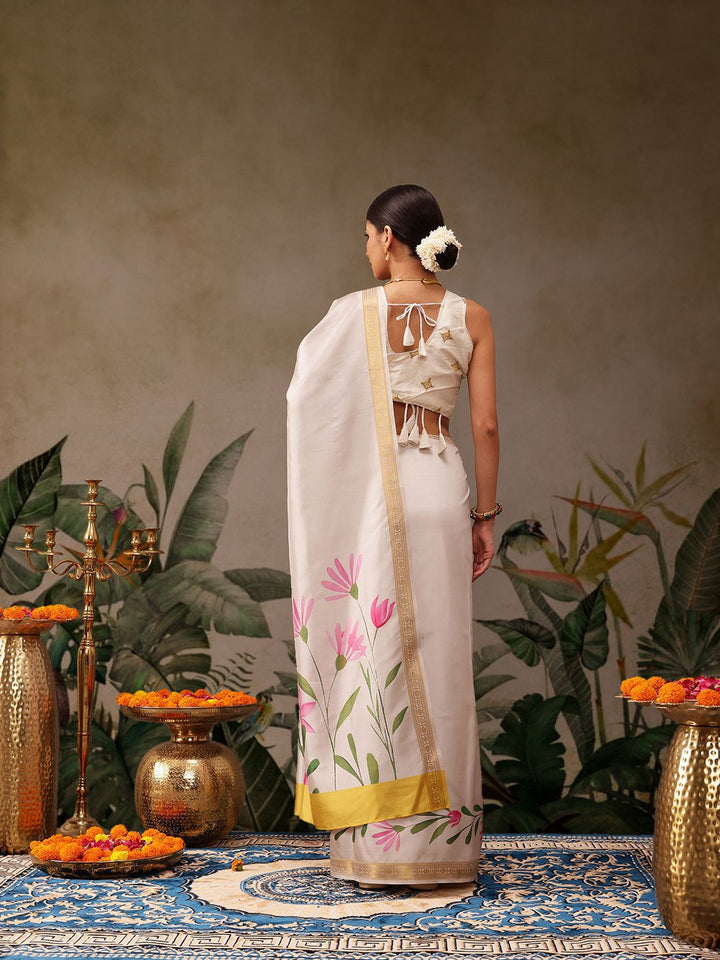 Silk Land Onam Special Floral Printed Kasavu Silk Saree