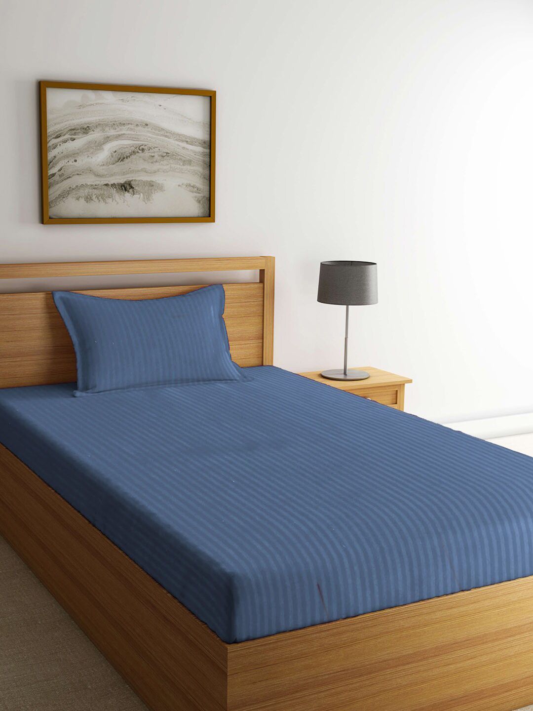 KLOTTHE Blue Striped Cotton 210 TC Single Fine Bedsheet with a Pillow Cover-89 x 59 inches
