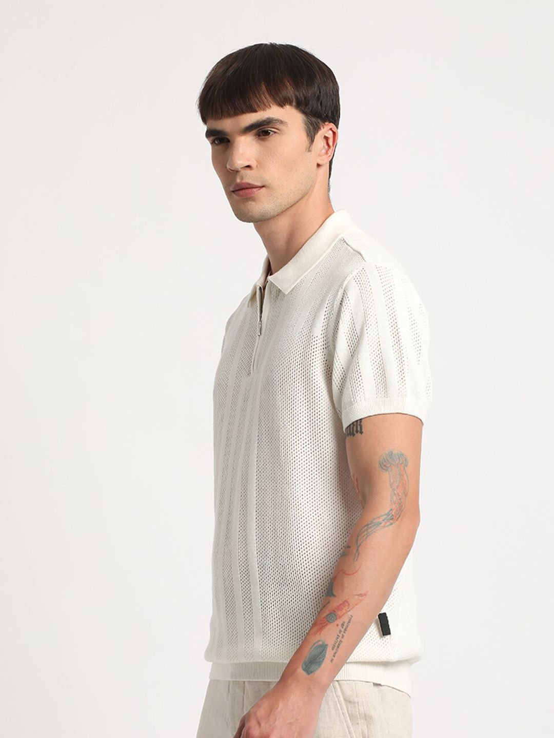 THE BEAR HOUSE Self Design Relaxed Fit Cotton Polo Collar T-shirt