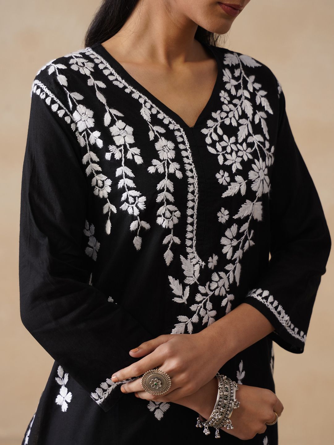 Rumah Chikankari Wanita Kapas Hitam Chikankari Sulam Kurti