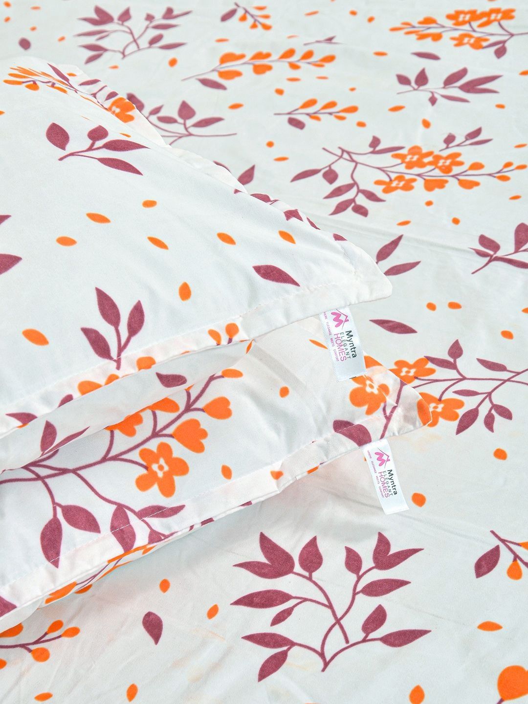 Myntra Elegant Homes White Floral Polycotton 300 TC King Fine Bedsheet with 2 Pillow Covers-98 x 89 inches