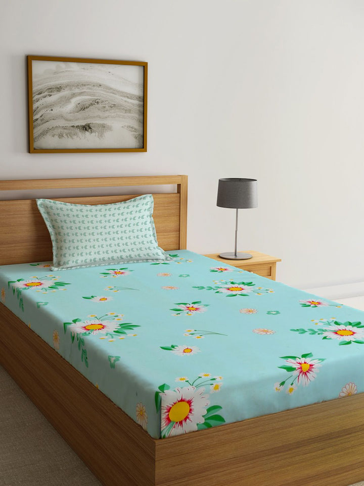 Myntra Elegant Homes Blue & White Floral Printed 300 TC Single Bedsheet Set