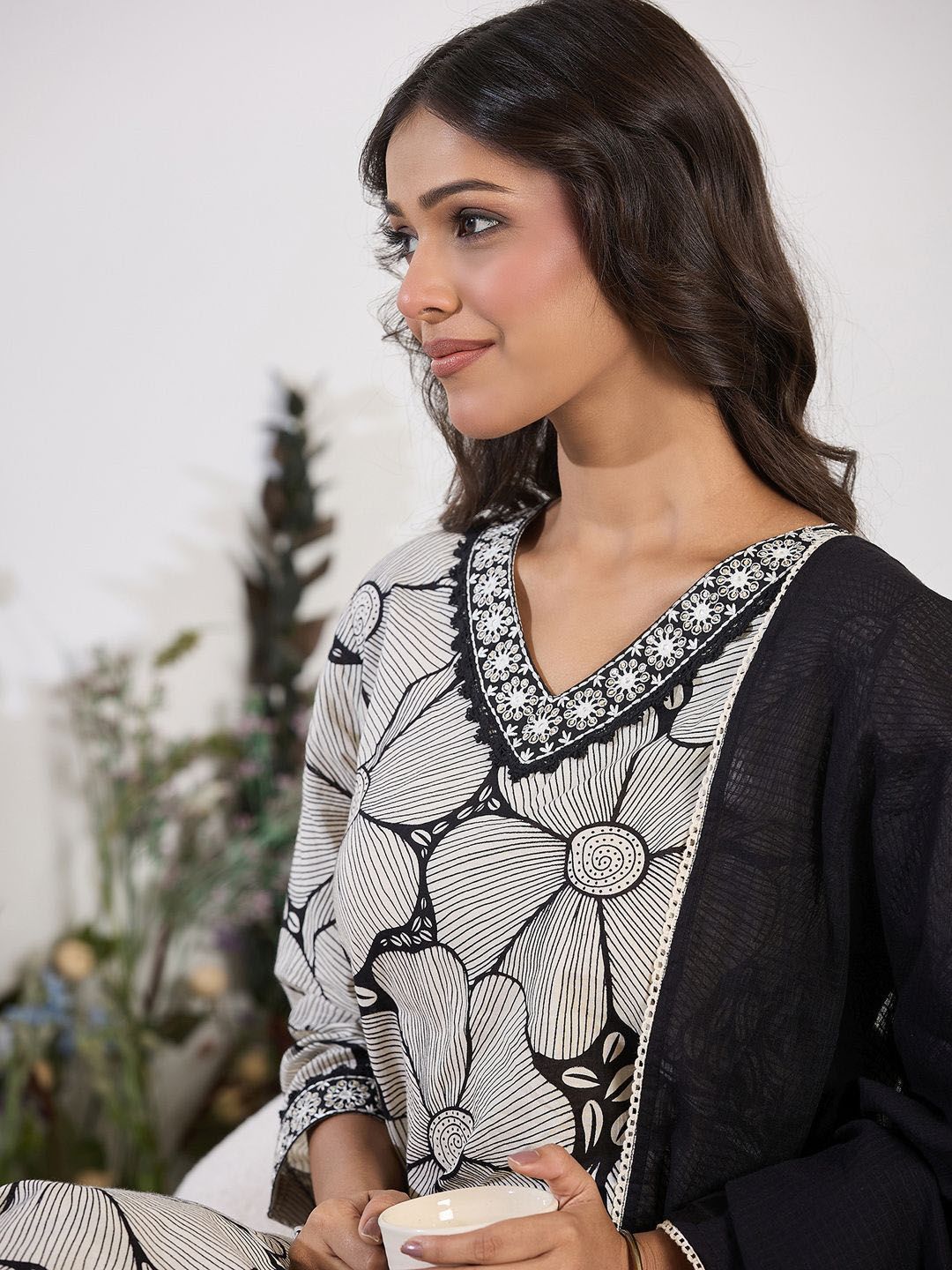 Indo Era Floral Printed Sequinned Pure Cotton Straight Kurta with Trouser & Dupatta