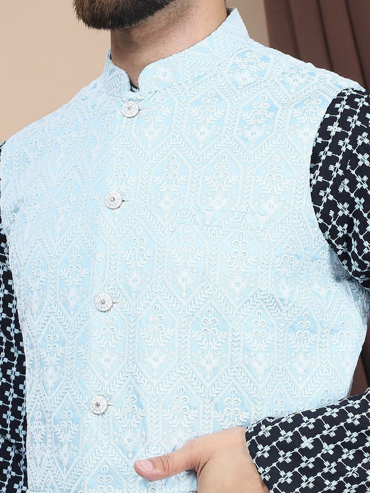 Anouk Blue Ethnic Motifs Embroidered Straight Thread Work Pure Cotton Kurta with Churidar