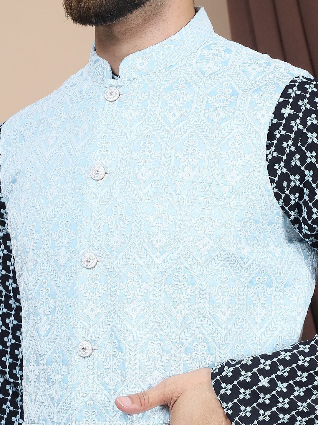 Anouk Blue Ethnic Motifs Embroidered Straight Thread Work Pure Cotton Kurta with Churidar