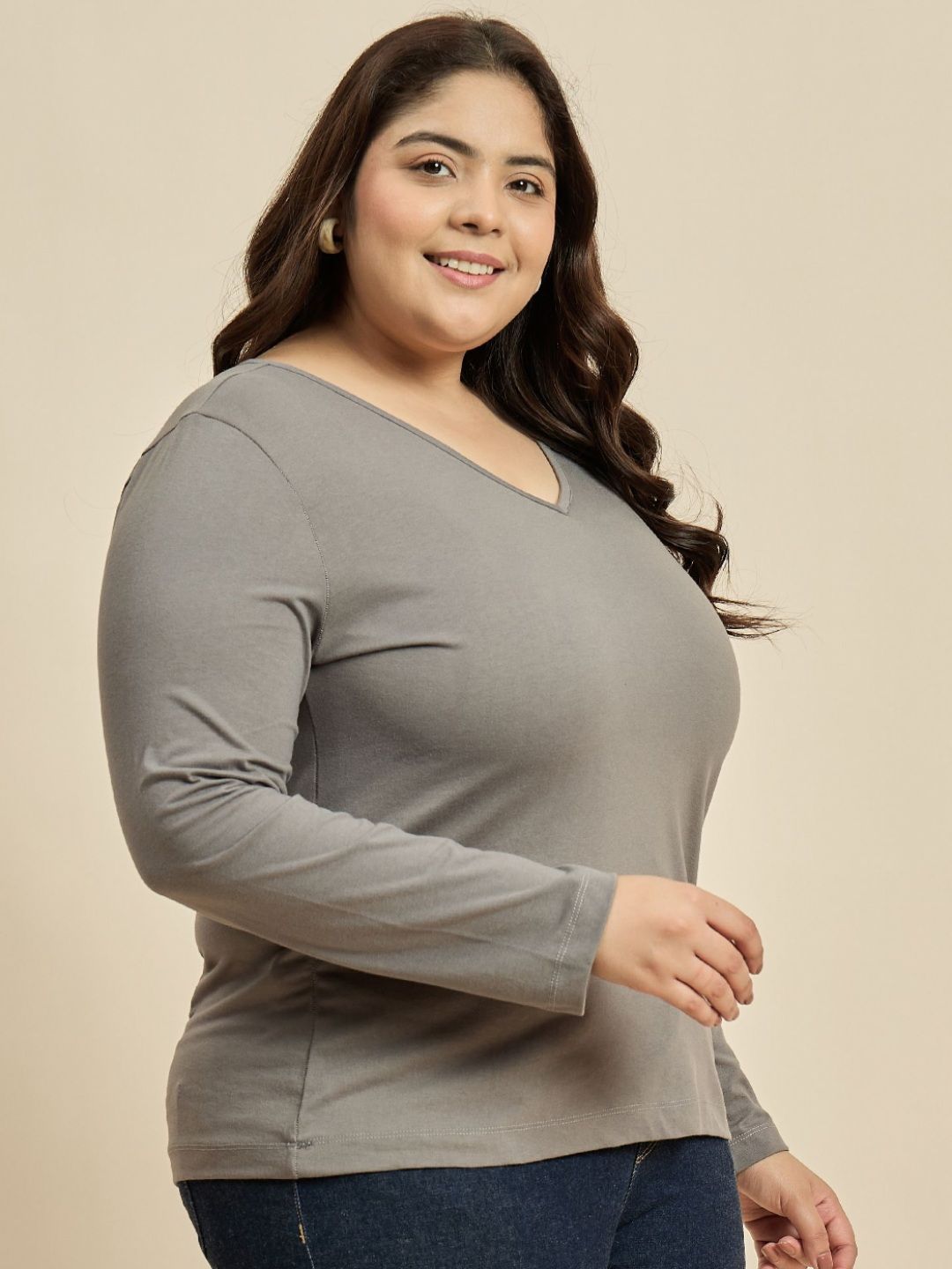 CURVY STREET Women Solid V-Neck Cotton Plus Size T-shirt