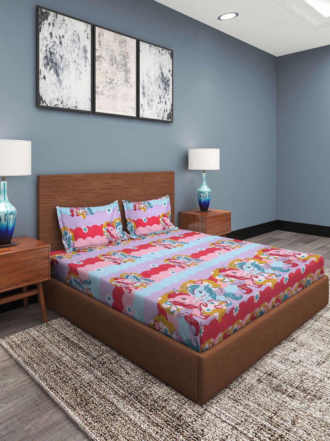KLOTTHE Pink Conversational Polycotton 300 TC Fitted King Fine Bedsheet dengan 2 Sarung Bantal-98 x 89 inci