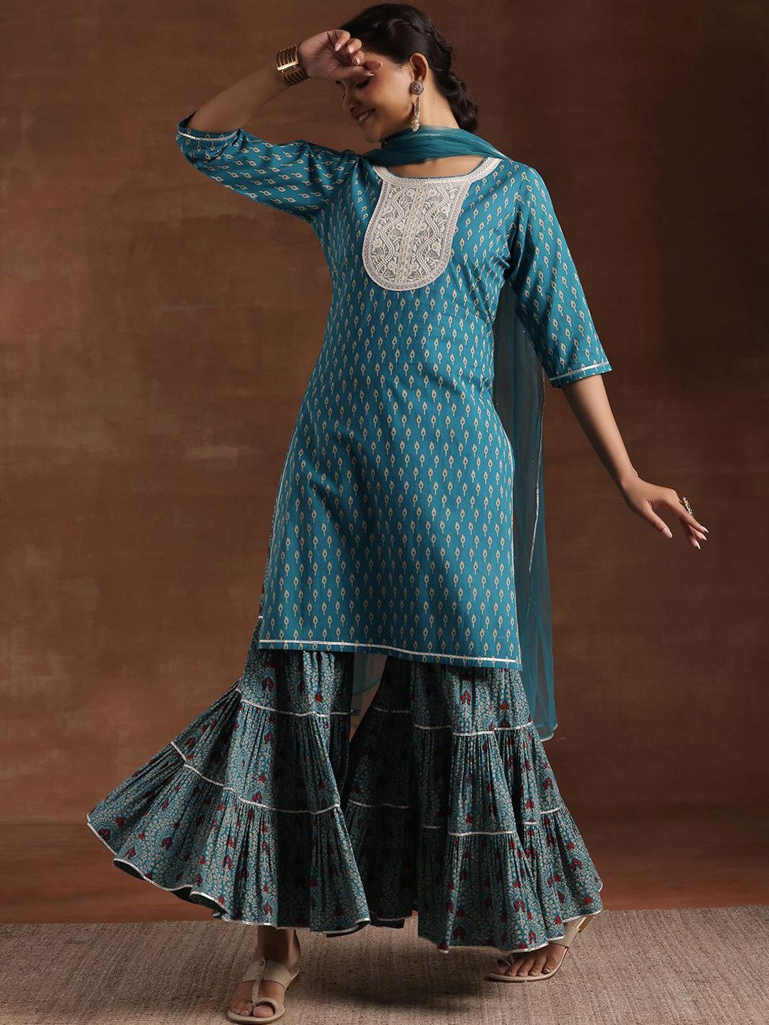 Libas Floral Printed Pure Cotton Kurta with Sharara & Dupatta