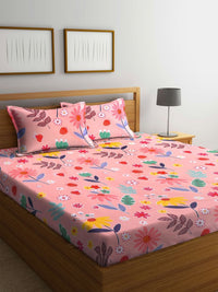 Myntra Elegant Homes Pink Floral Cotton 300 TC Fitted King Bedsheet with 2 Pillow Covers-98 x 87 inches