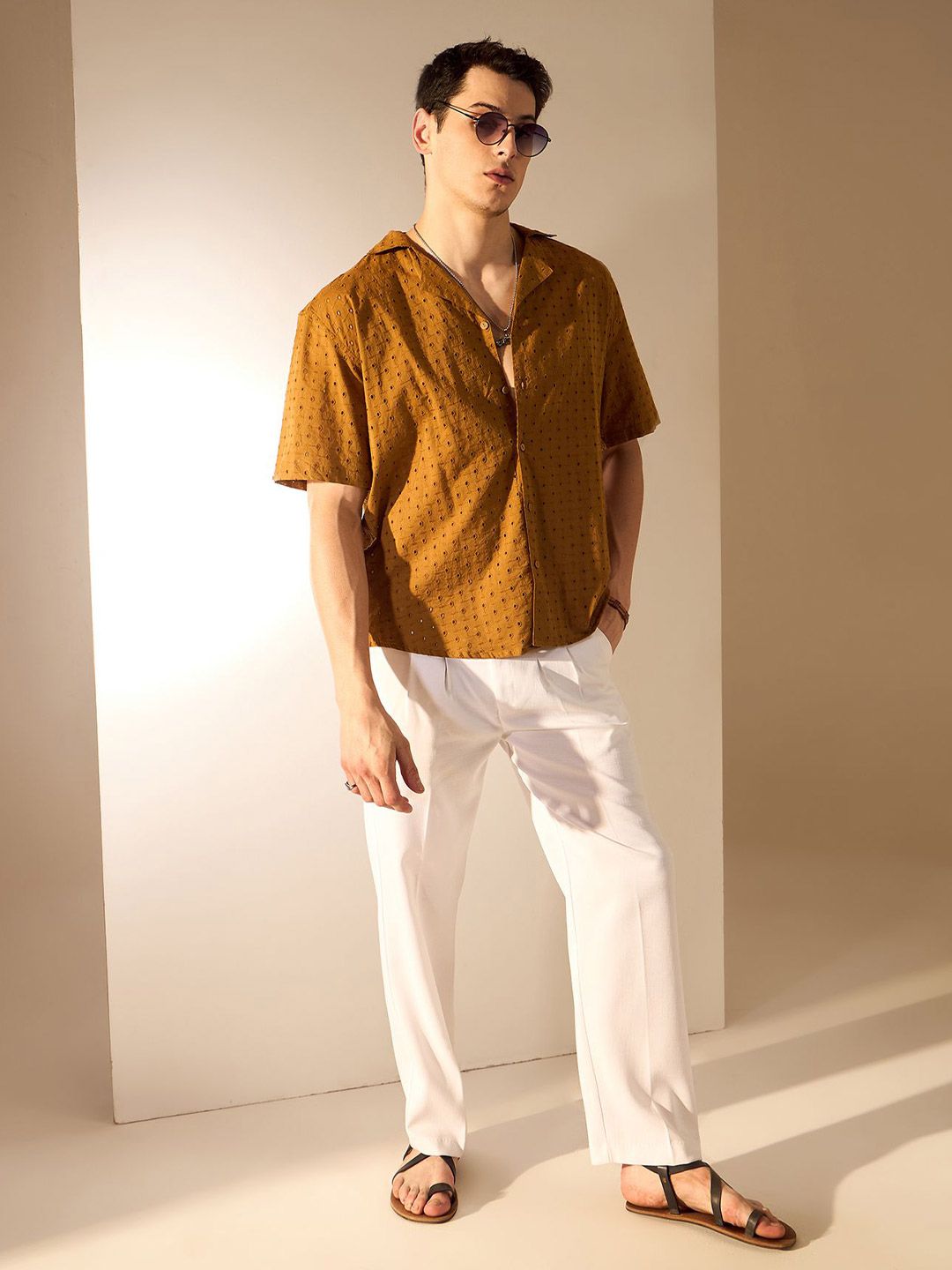 DENNISON Relaxed Textured Self Design Semi Sheer Schiffli Cuban Collar Oversized Shirt