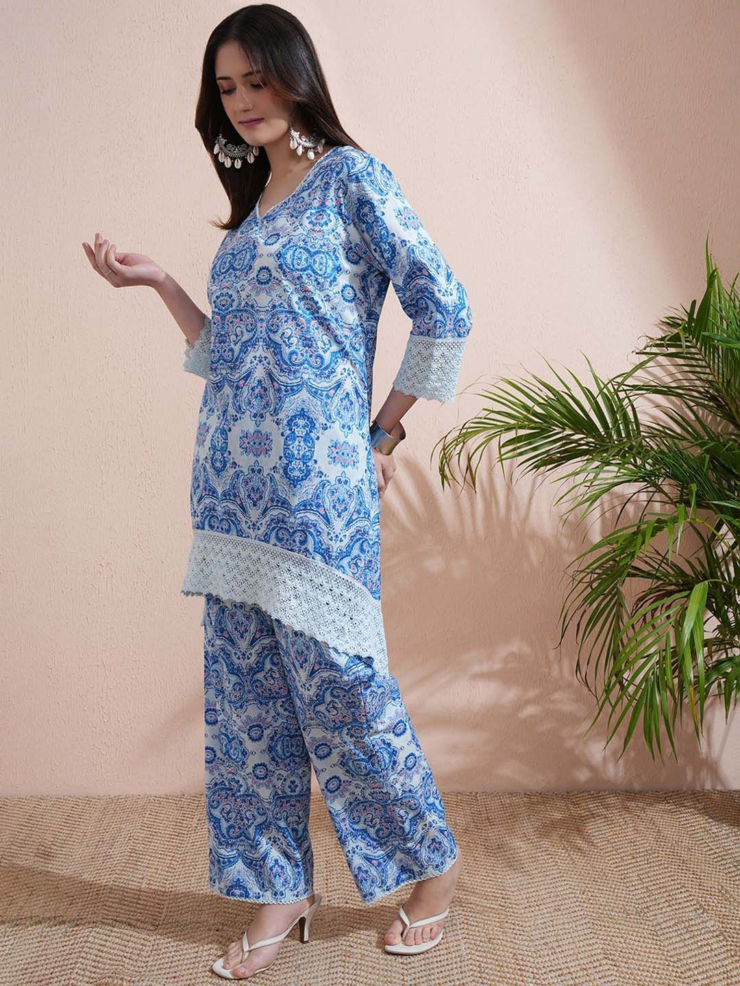 Vishudh Blue Printed V-Neck Three-Quarter Sleeves Pure Cotton Top With Trouser