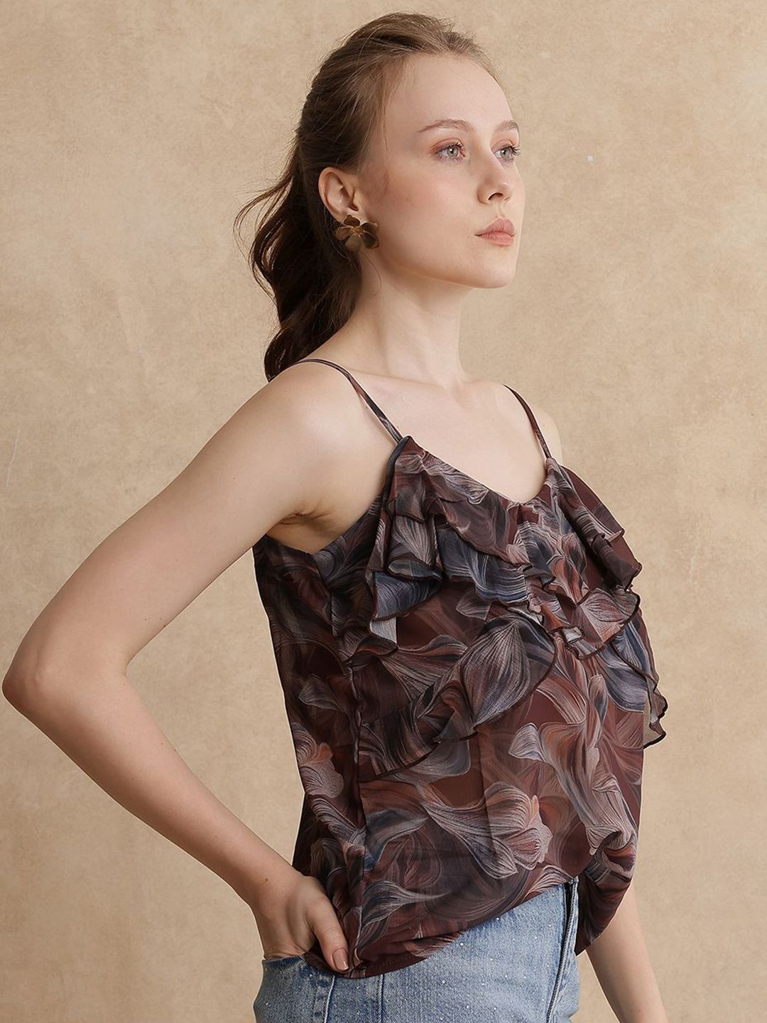 RAREISM Women Abstract Printed Ruffle Details Top