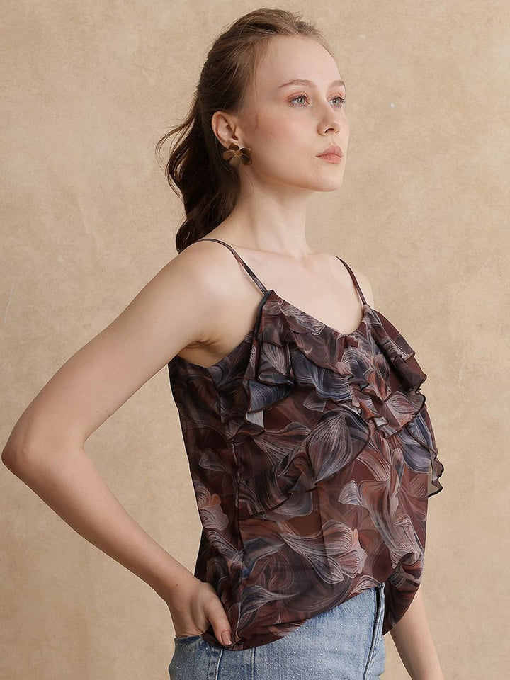 RAREISM Women Abstract Printed Ruffle Details Top