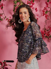 QUIERO Women Floral Printed Round Neck Chiffon Top