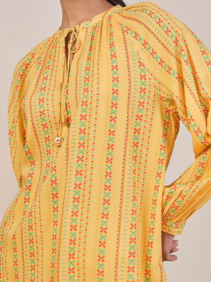 Global Desi Women Mustard Viscose Rayon Print Tie-Up Neck long Sleeves Top