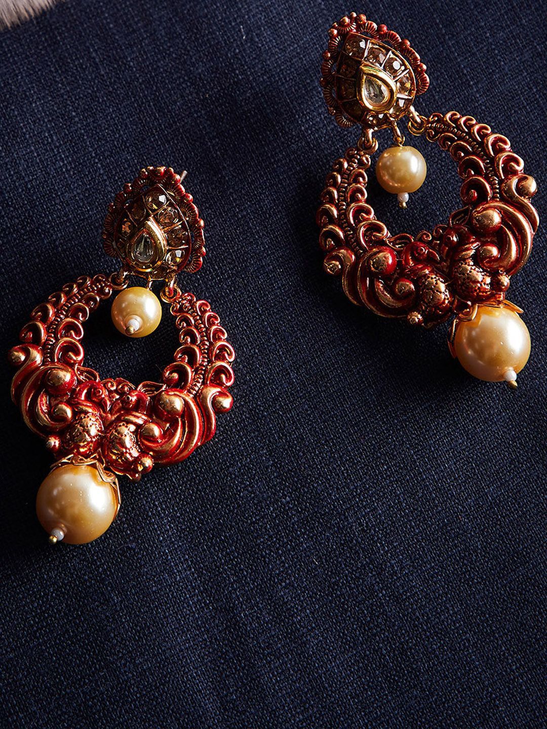 Anouk Gold-Plated Artificial Stones Studded & Beaded Contemporary Drop Earrings