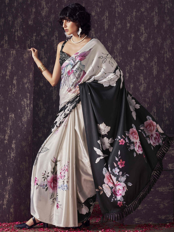 Tikhi Imli Floral Satin Fusion Black And White Saree