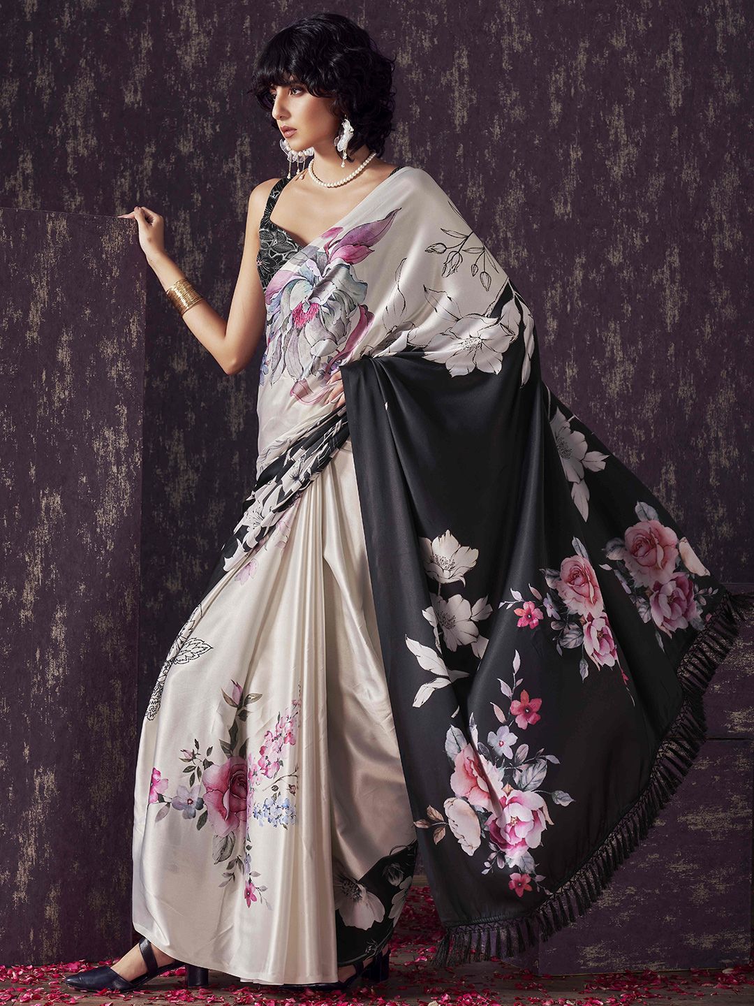 Tikhi Imli Floral Satin Fusion Black And White Saree