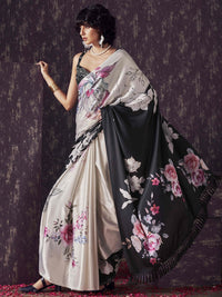 Tikhi Imli Floral Satin Fusion Black And White Saree