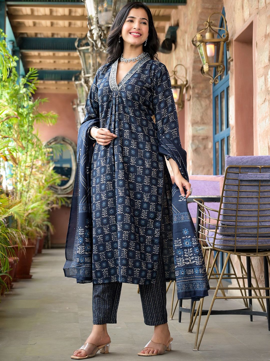 KALINI Floral Printed V-Neck Thread Work A-Line Kurta With Trousers & Dupatta
