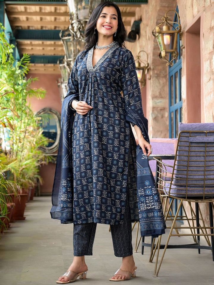 KALINI Floral Printed V-Neck Thread Work A-Line Kurta With Trousers & Dupatta