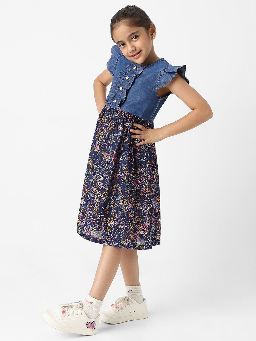 Nauti Nati Girls Denim Floral Printed Flutter Sleeves Dress