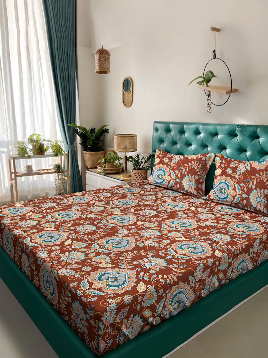 Aura Rust & Blue Printed 300 TC Set Cadar King 2.5 m x 2.25 m