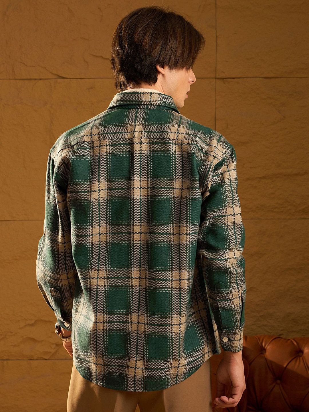 DENNISON Men Double Pocket Drop Shoulder Oversized Cotton Checked Shacket
