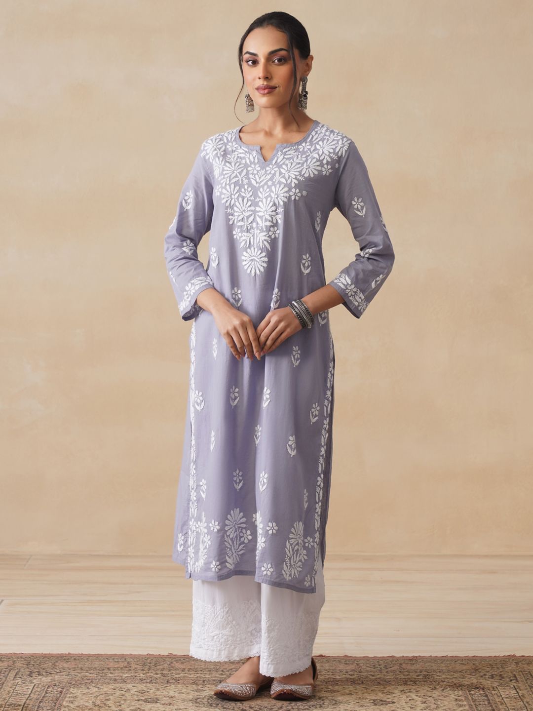Rumah Wanita Chikankari Kapas Kelabu Chikankari Sulam Kurta