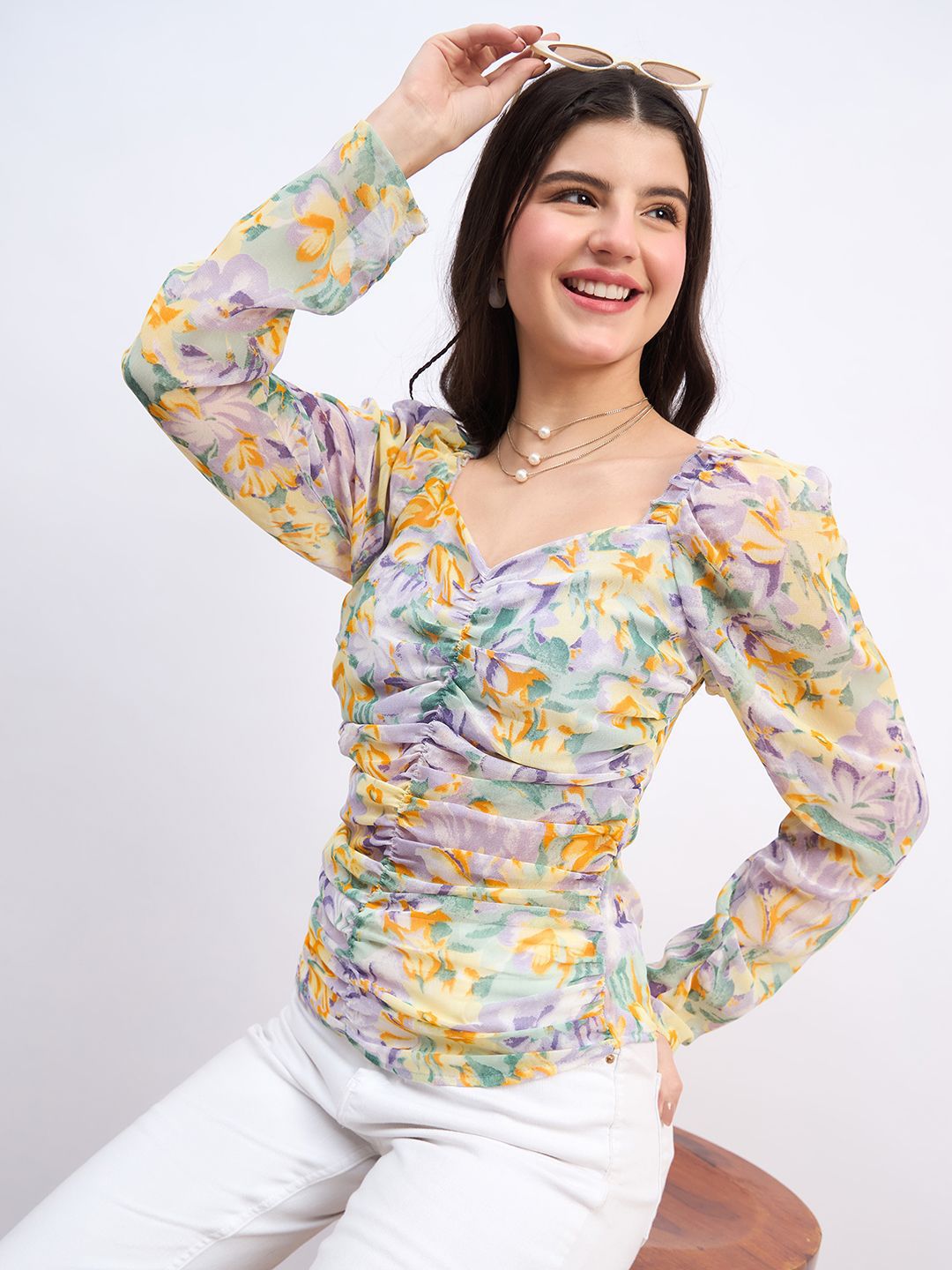 Berrylush Floral Print Sweetheart Neck Puff Sleeve Georgette Top