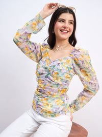 Berrylush Floral Print Sweetheart Neck Puff Sleeve Georgette Top