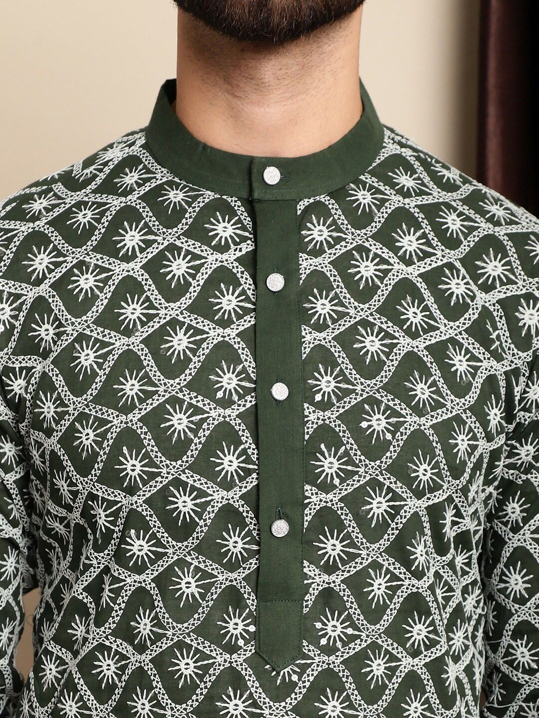 Motif Etnik Anouk Sulam Kolar Jalur Kapas Tulen Kurta Biasa dengan Churidar