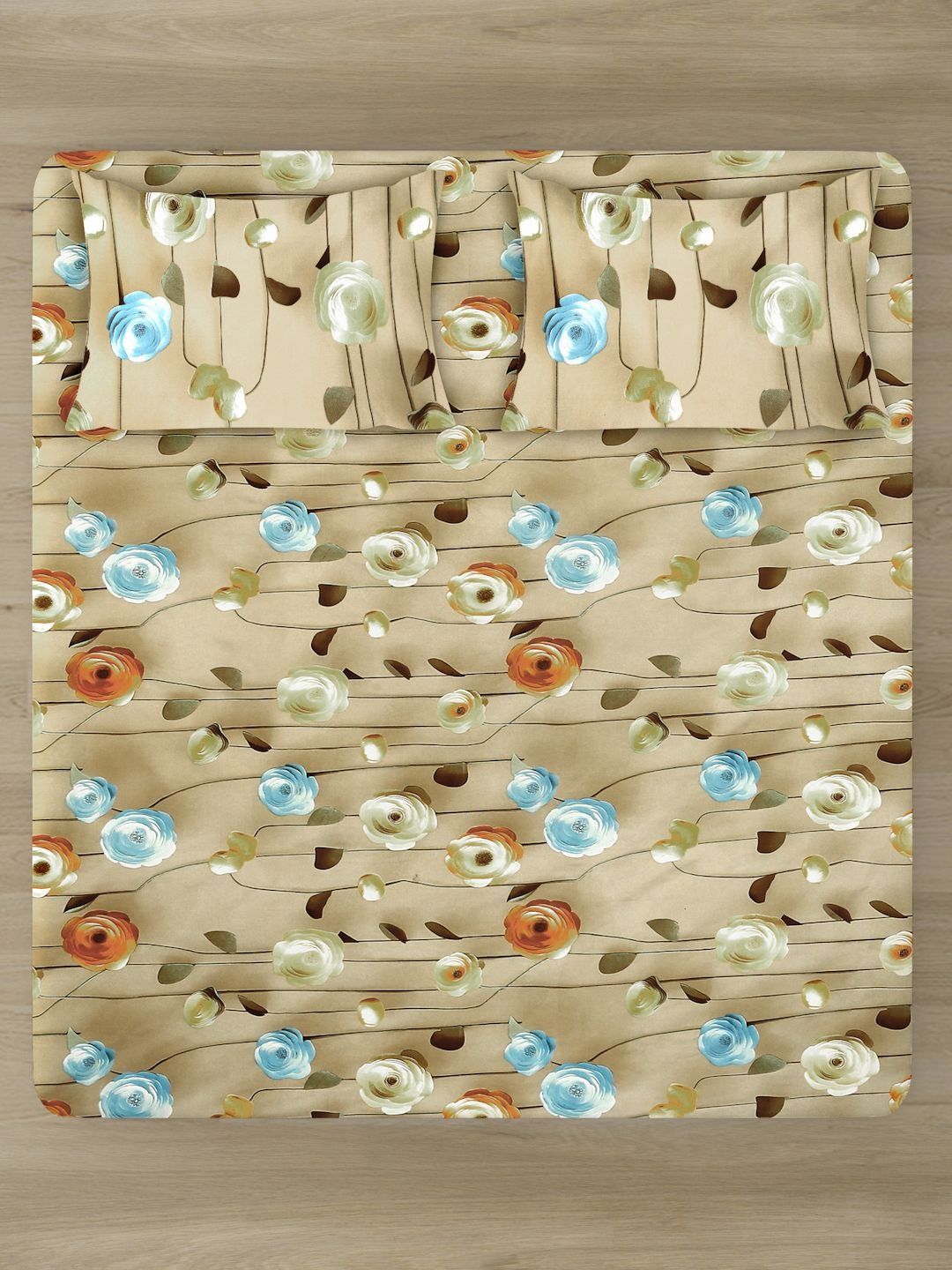 Myntra Elegant Beige Floral 300 TC King 7D Cadar dengan 2 Sarung Bantal