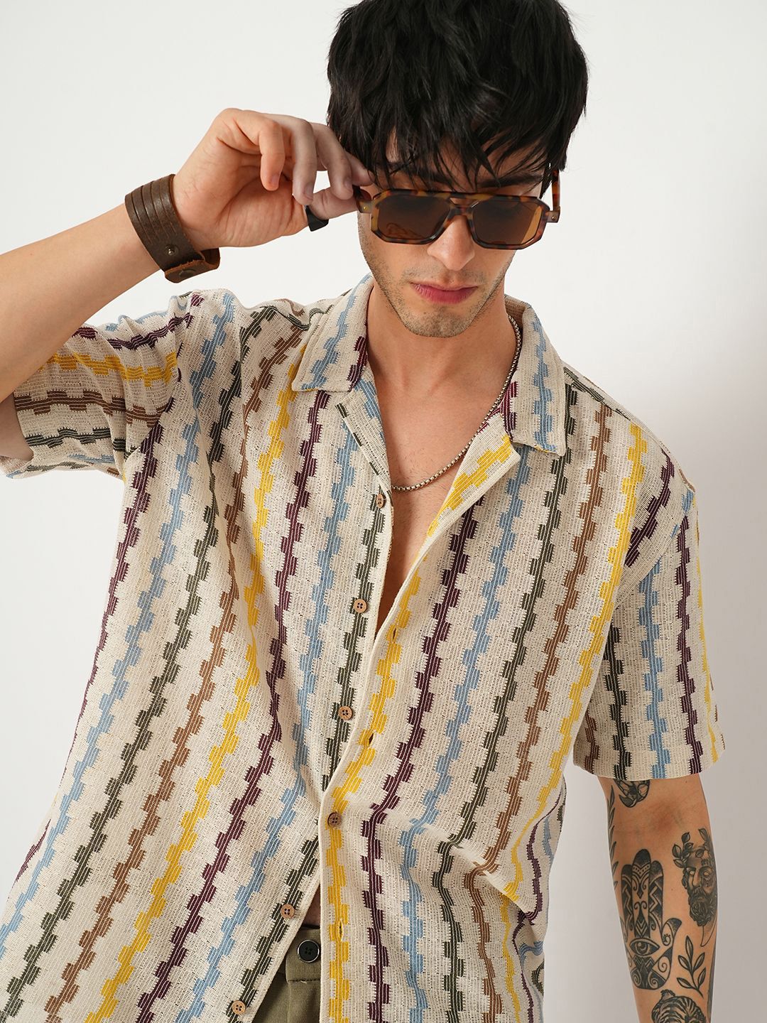 VASTRADO Men Classic Cuban Collar Vertical Striped Cotton Oversized Casual Shirt