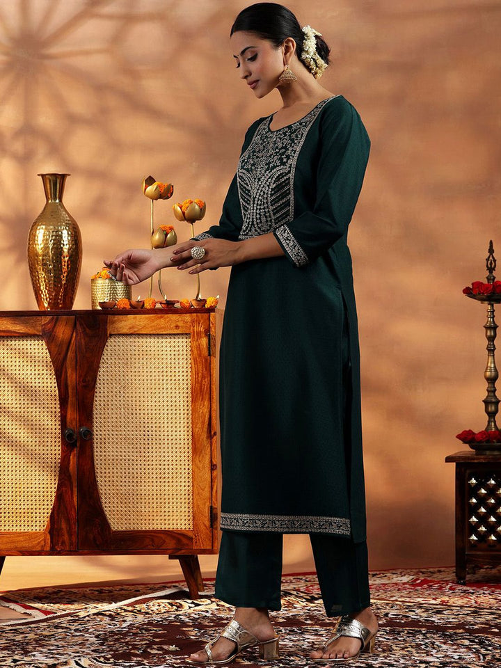 Libas Paisley Embroidered Zari Work Dobby Weave Straight Kurta With Trousers & Dupatta